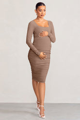 Mocha Maternity Square Neck Ruched Midi Dress